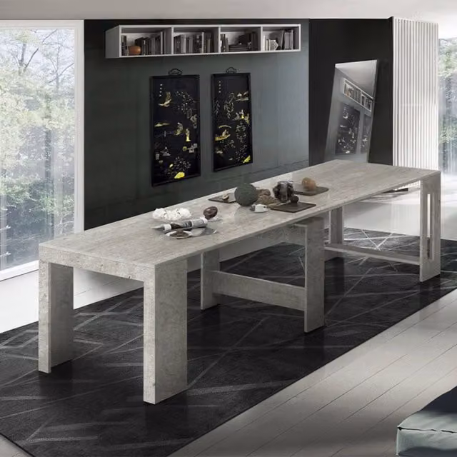 Tavolo da pranzo Anello, Made in Italy, Consolle allungabile fino a 12 posti, con portallunghe, cm 51/300x90h77 Cemento