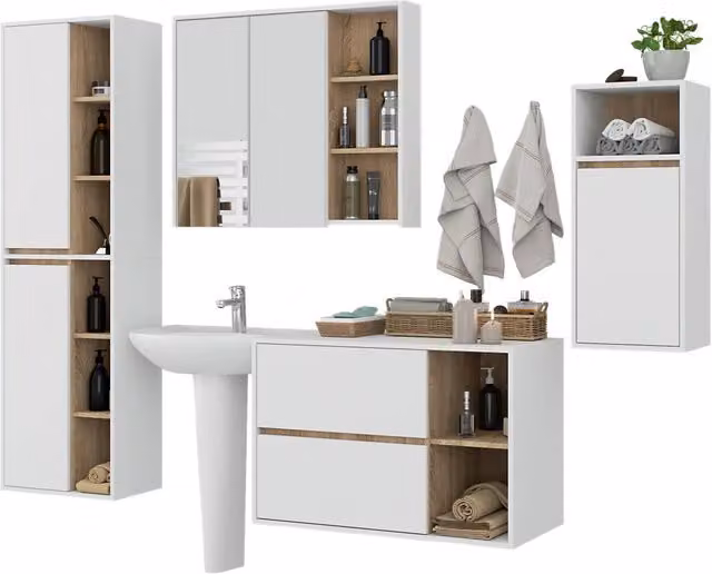 Set di mobili da bagno sospesi VAMI in Bianco con colore interno Sonoma Quercia