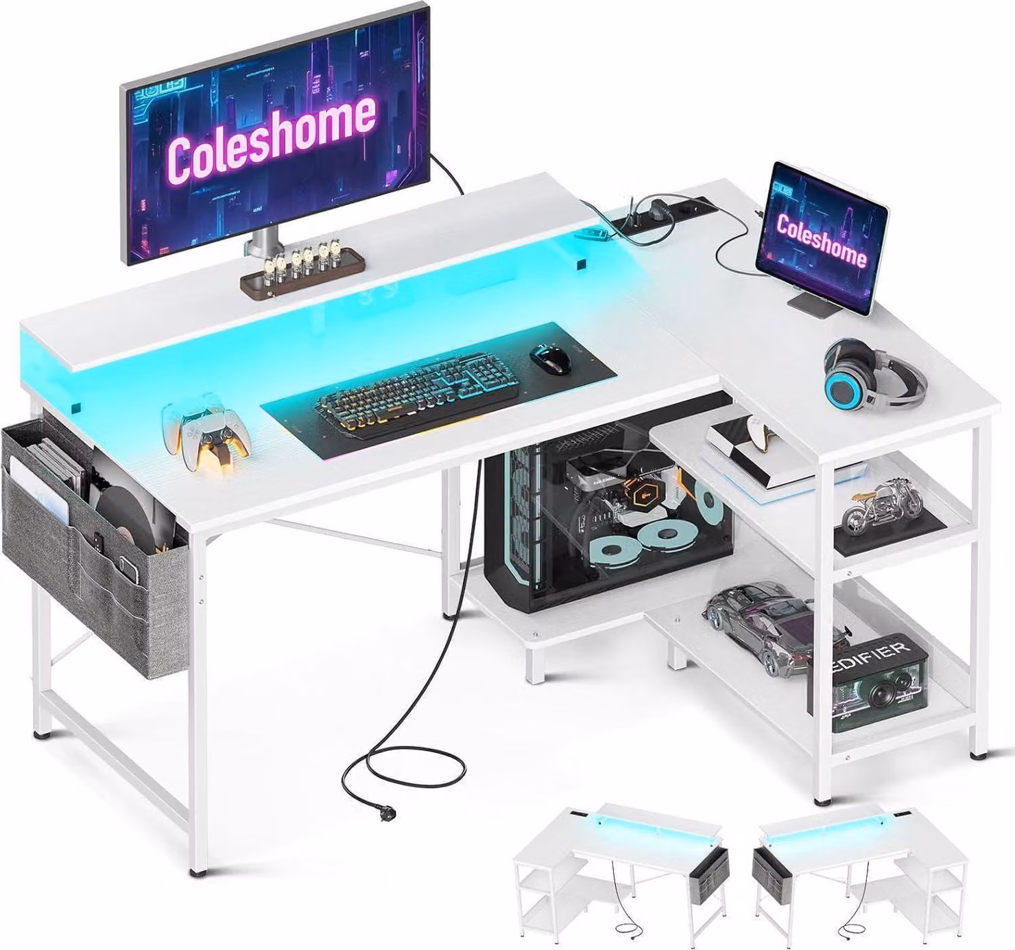 Scrivania da gioco a L con illuminazione LED e prese di corrente 120x80cm scrivania angolare bianca con ripiano - Coleshome