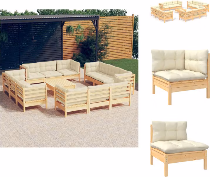 vidaXL Set di 13 pezzi per salotto da giardino con cuscini crema in legno di pino - Set di mobili da giardino
