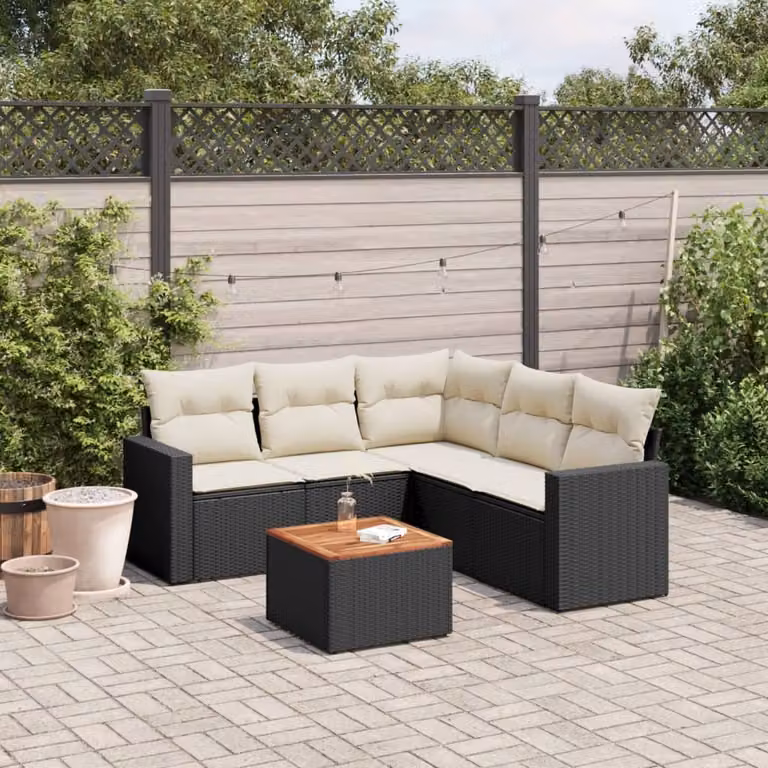 vidaXL Set Divano da Giardino a L 6 pz in Polyrattan Nero con Cuscini e Tavolino da Caffè