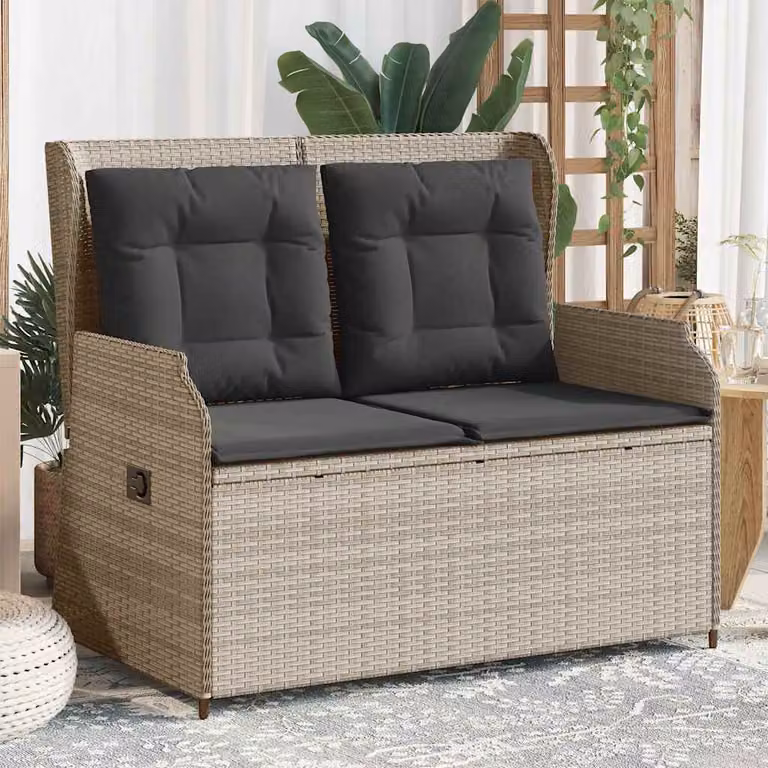 vidaXL Panca Reclinabile da Giardino in Polyrattan e Metallo con Cuscini in Tessuto Grigio