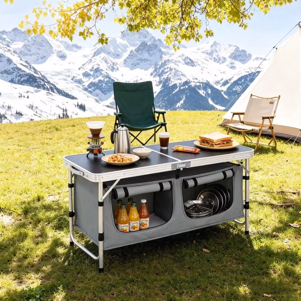 Tavolino da giardino Outsunny pieghevole con gambe regolabili in metallo e piano in MDF laminato, grigio e nero, L: 69,5 cm, P: 47,0 cm, H: 30,0-47,0 cm – 2