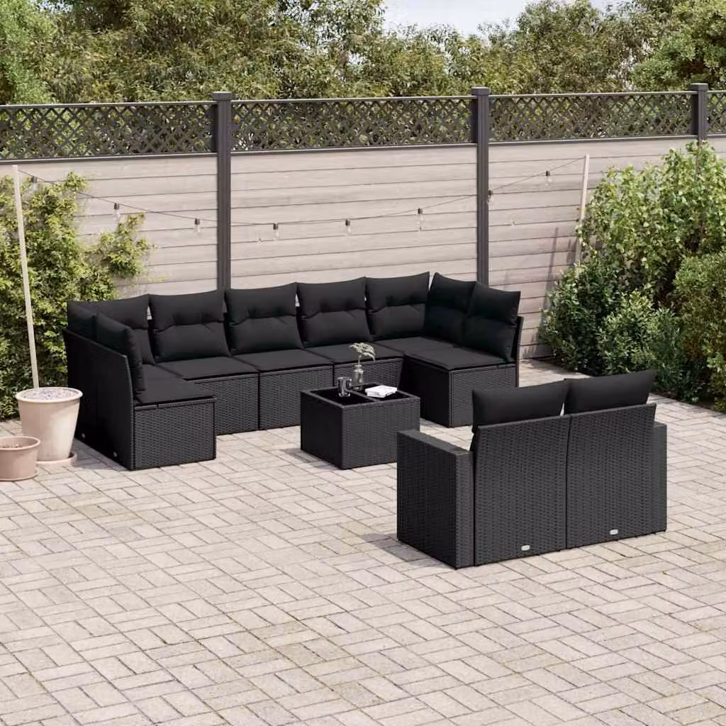 Set di divani da giardino vidaXL in polyrattan nero con cuscini e tavolino da esterno – 1