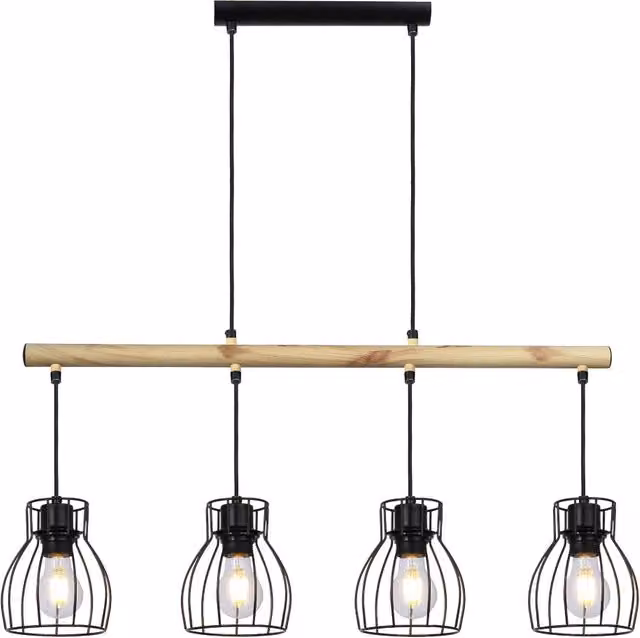 Lampada a sospensione Candellux Bernita in metallo nero e legno con 4xE27, altezza regolabile