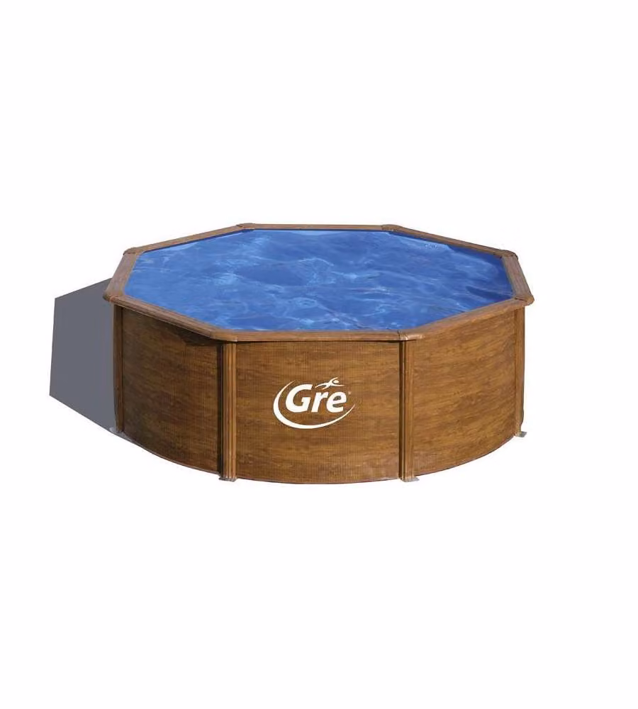 Piscina fuori terra tonda con effetto legno marrone e telaio in acciaio, diametro: 300 cm, altezza: 120 cm, completa di pompa e filtro