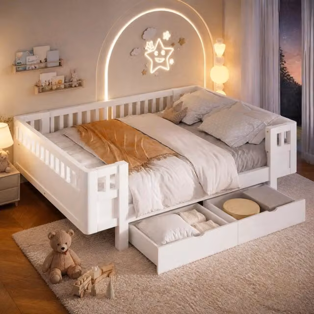 Letto per bambini ULEVR 90x200 cm con sponde alte e 2 cassetti estraibili, legno di pino e MDF bianco