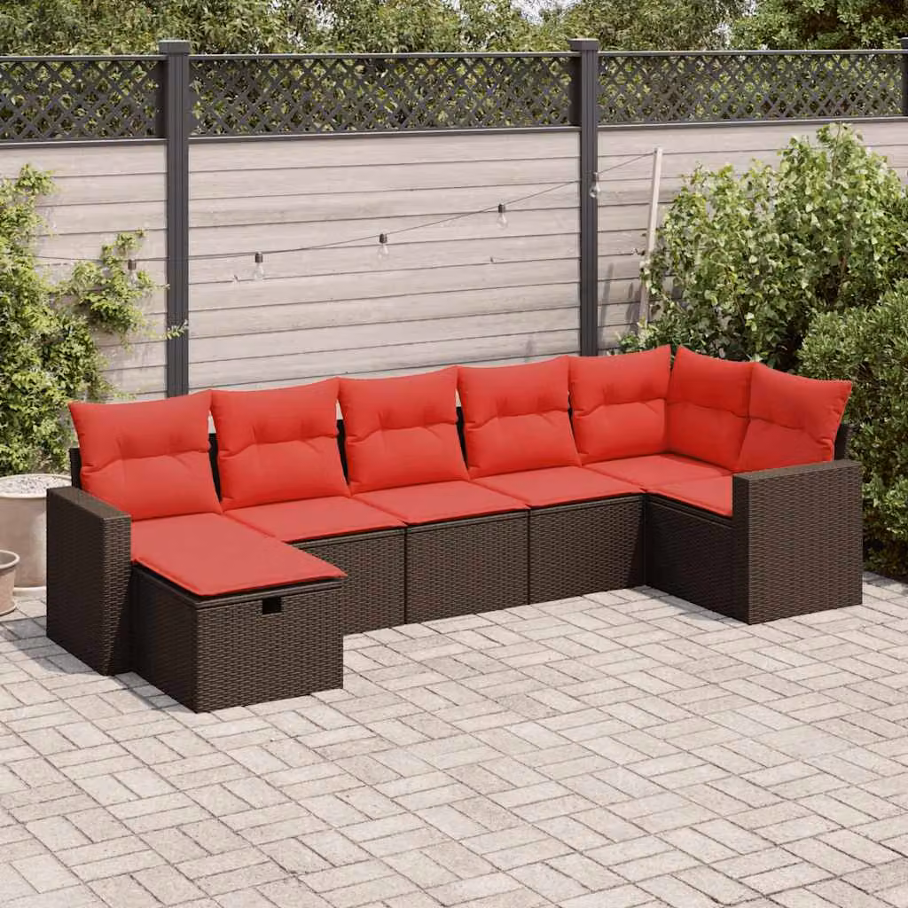 Set di divani da giardino vidaXL 7 pz a forma di U in rattan marrone con cuscini e struttura in metallo