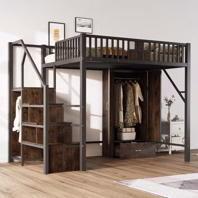 Letto a castello nero in metallo e legno con funzione contenitiva 140x200 cm