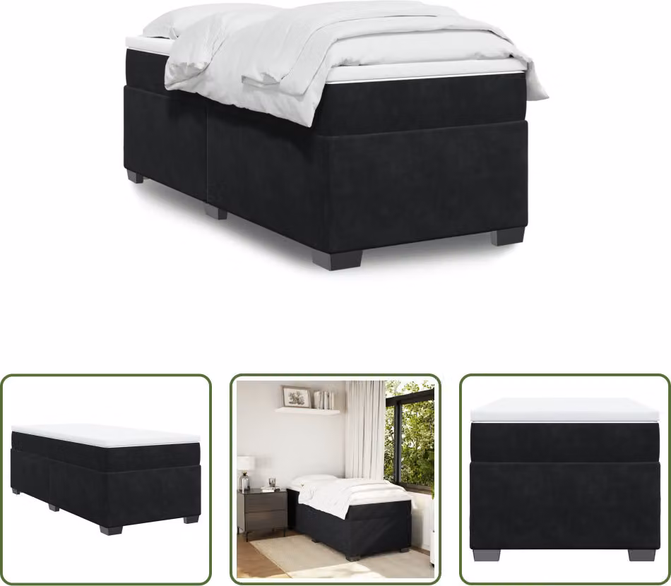 The Living Store Letto a molle con materasso nero 90x200 cm in velluto