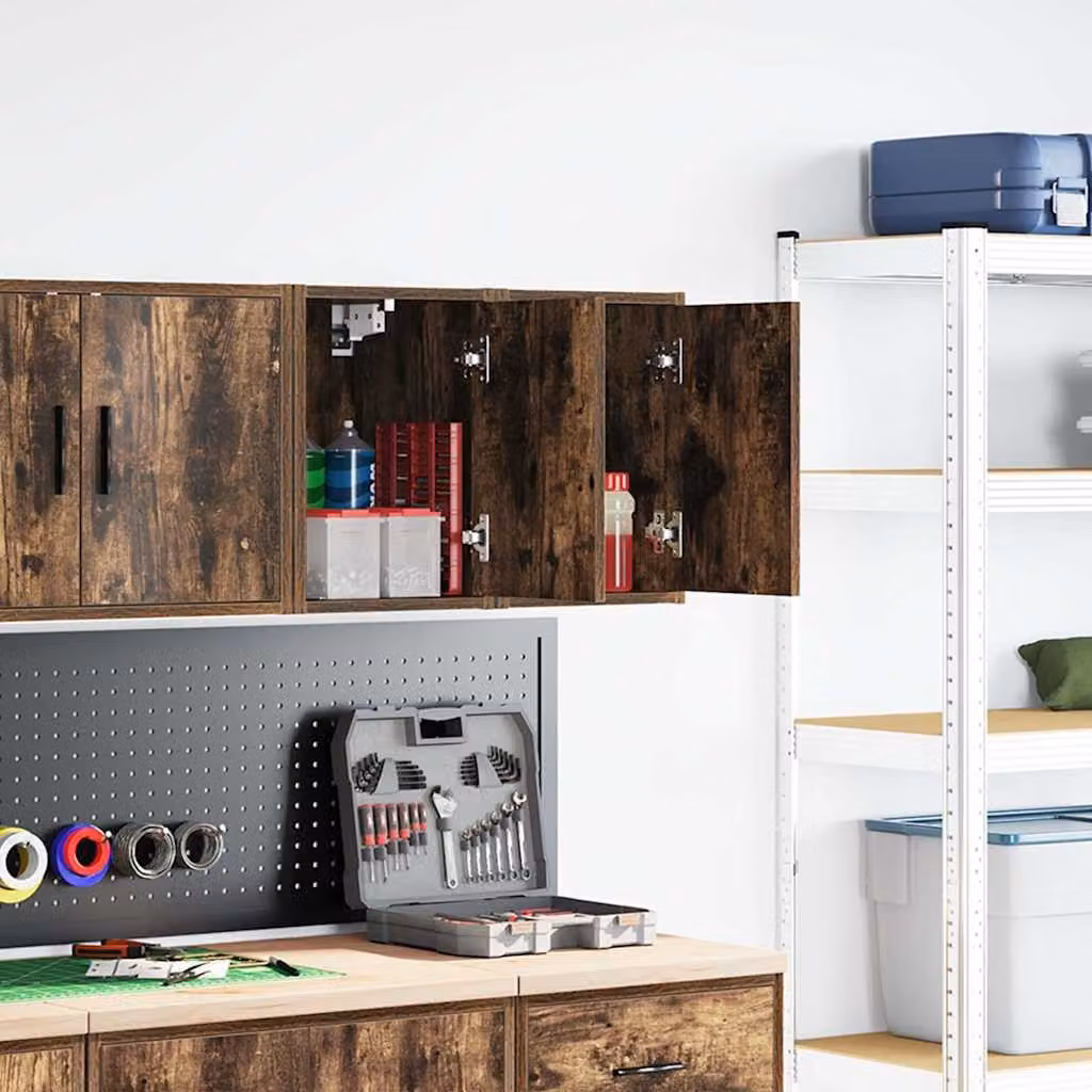 Set di 2 pensili da garage vidaXL in legno multistrato color rovere fumo con ante a battente e ripiani interni, montaggio a parete