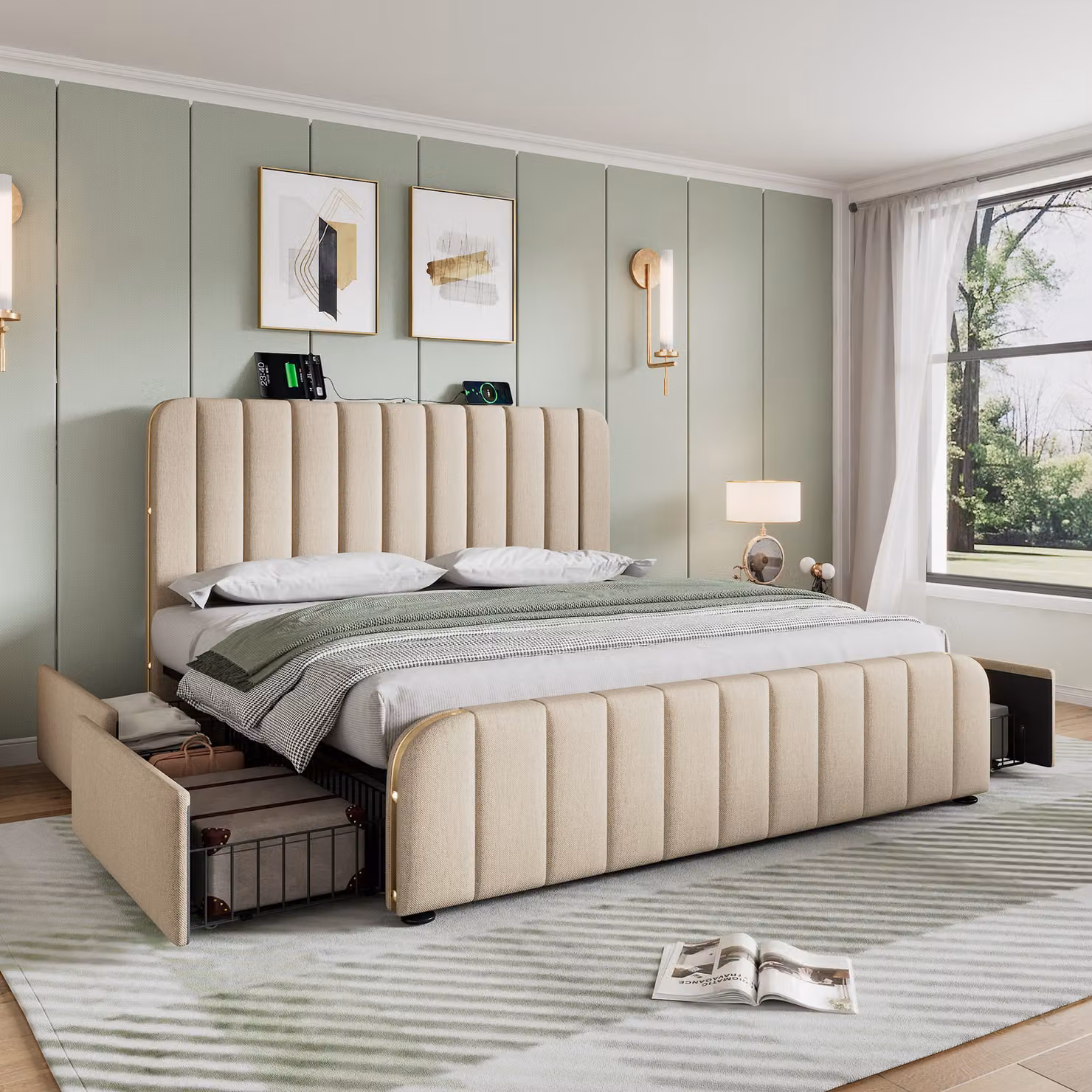 Letto imbottito Flieks 140x200cm con funzione di ricarica (USB, Type-C), letto matrimoniale contenitore con 4 cassetti, letto giovanile funzionale, biancheria, beige