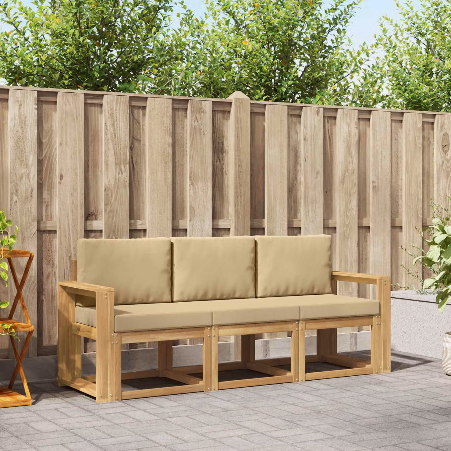 Set di divani da esterno moderni vidaXL in legno di acacia marrone e beige con cuscini inclusi