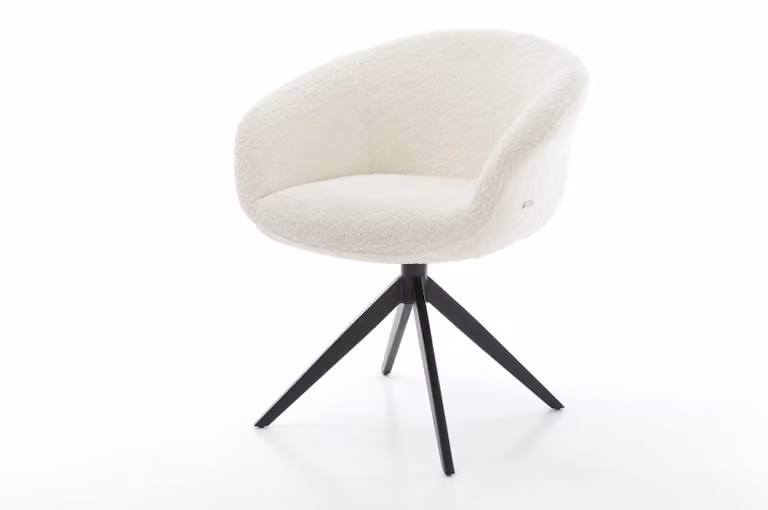 Sedia girevole DELIFE Vinka-Flex con braccioli, rivestita in tessuto bouclé bianco, struttura a croce nera, rotazione a 360°, funzione basculante, imbottitura in molle insacchettate