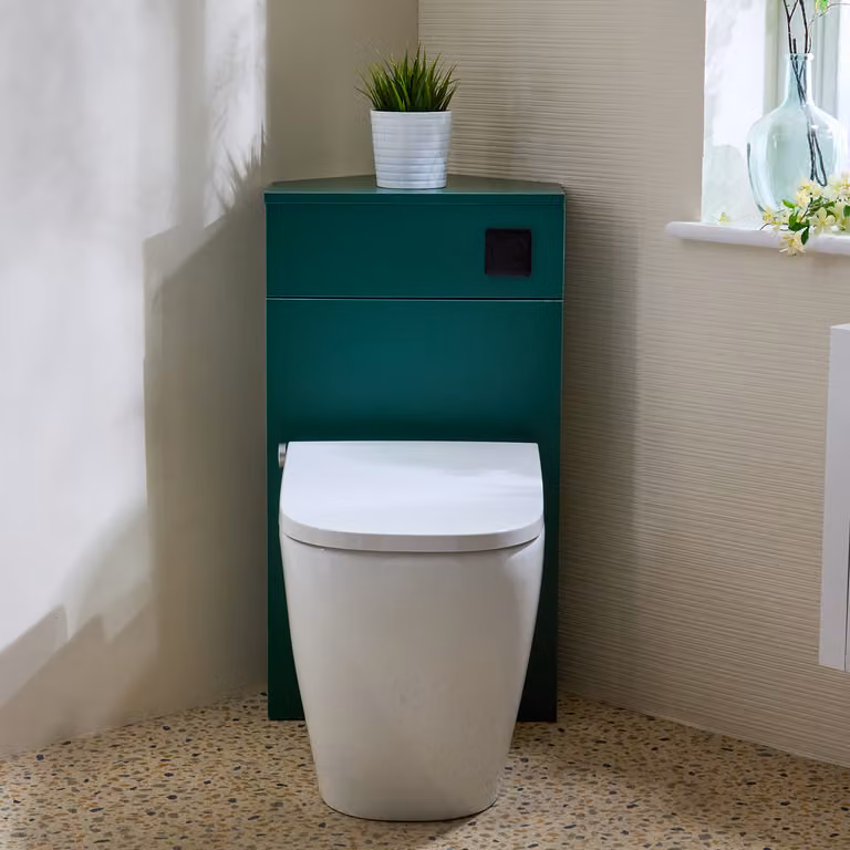 Mobile WC angolare Verde Scuro con smart toilet Hirayu, sanitario + bidet integrato, pulsante nero - Cluo