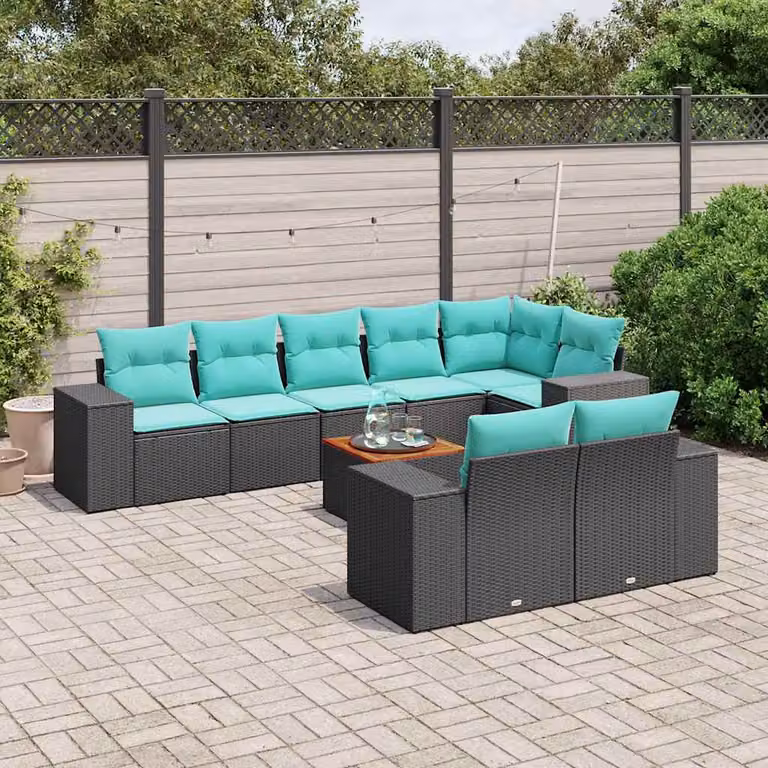 Set Divano da Giardino a L vidaXL in Polyrattan Nero con 9 Pezzi e Cuscini Blu
