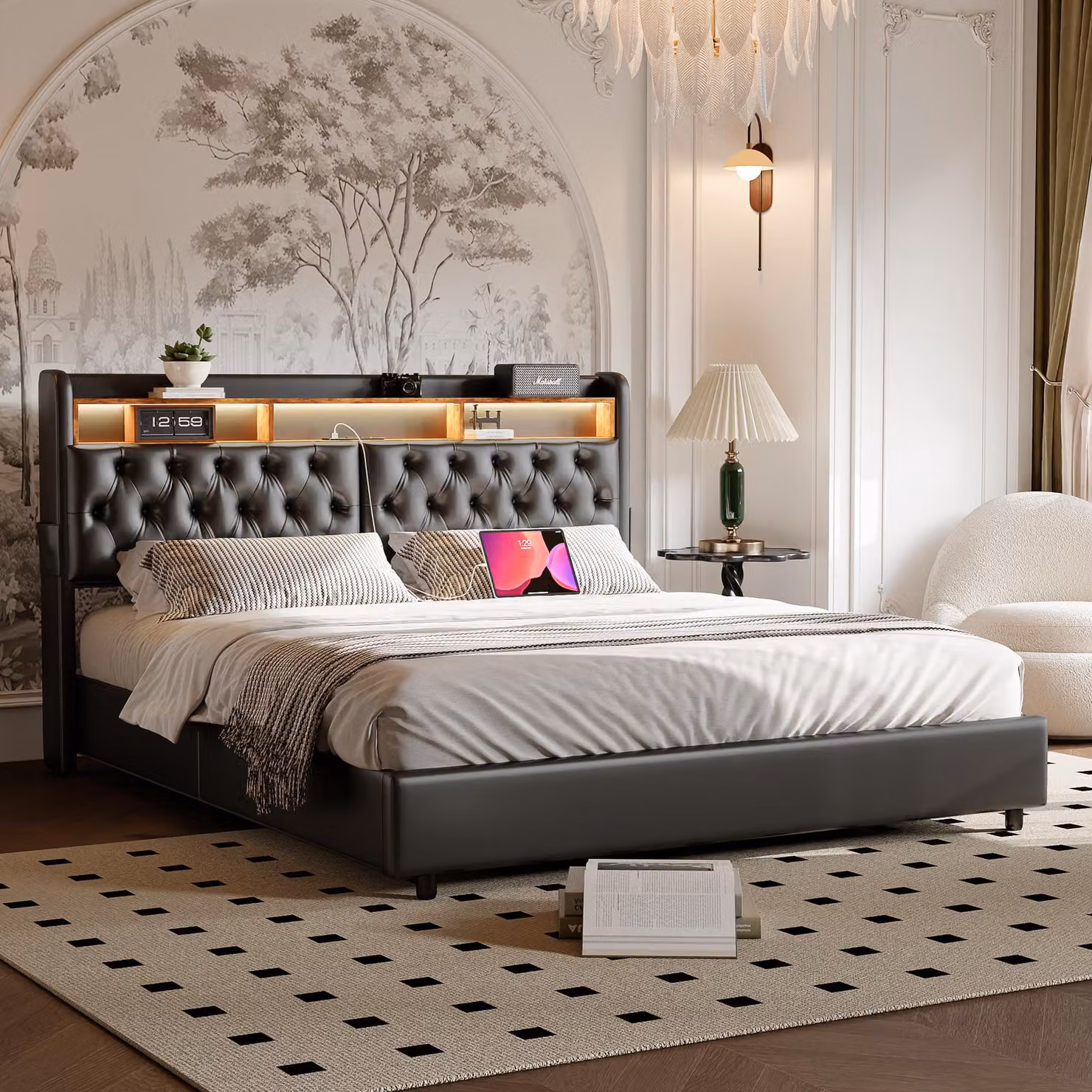 Letto imbottito 180x200 cm, colore nero, rivestito in ecopelle con effetto pelle, dotato di sistema LED, cassettone sollevabile idraulico, testiera con vano portaoggetti, presa USB, rete a doghe e adatto per un letto matrimoniale