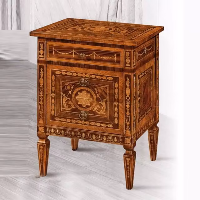 Comodino con 3 cassetti in legno noce con intarsio geometrico Mobili 2G L: 54 cm, P: 38 cm, H: 77 cm