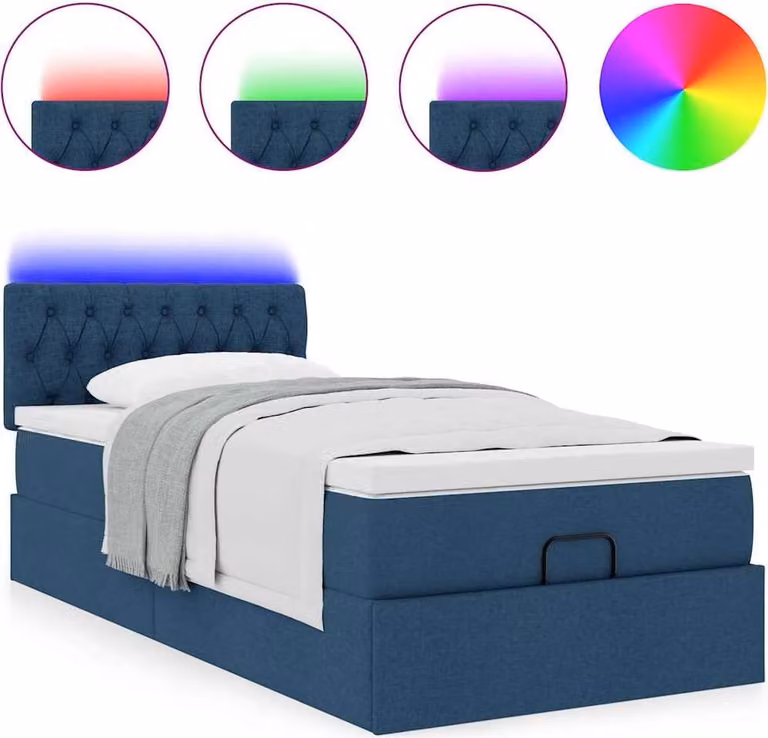 Pouf Letto con Materasso e LED Blu 100x200 cm in Tessuto