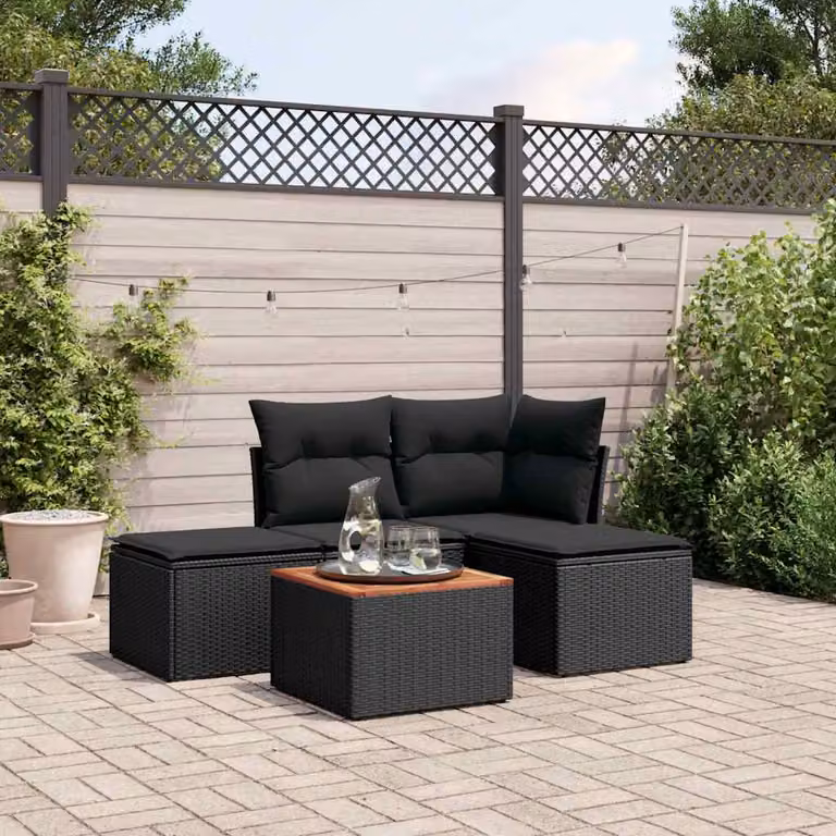 vidaXL Set Divani da Giardino 5 pz a Forma a L con Cuscini in Polyrattan e Legno di Acacia Nero