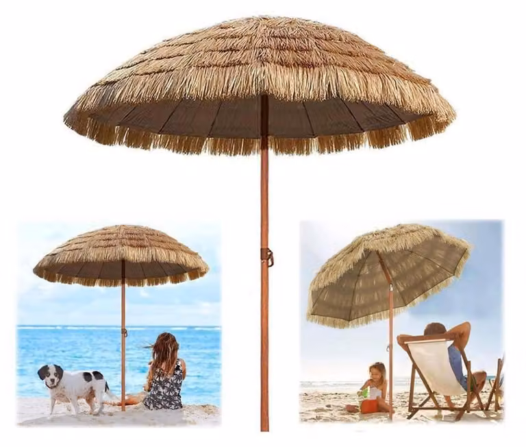 Ombrellone rotondo in stile hawaiano, con struttura in materiale simile al paglia, protezione UV, diametro 180 cm, con funzione di inclinazione, ideale per balconi e terrazzi