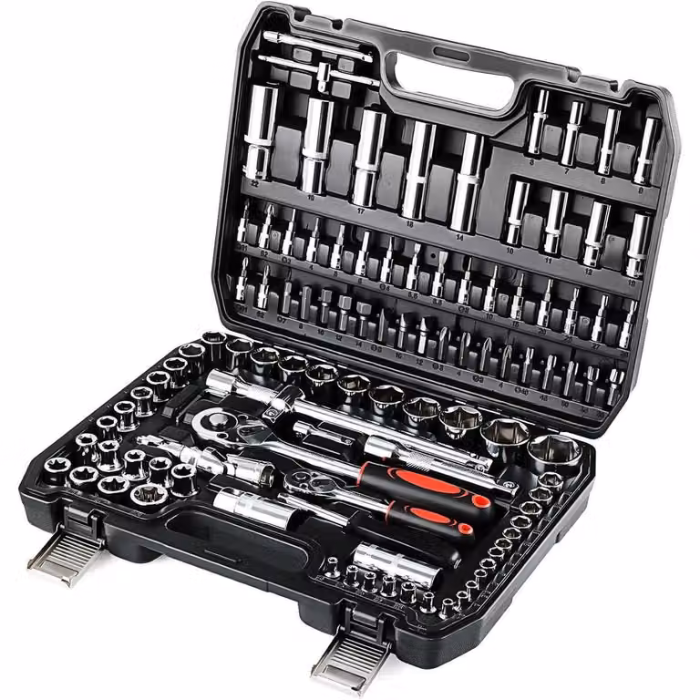 Set di chiavi a bussola da 108 pezzi in acciaio cromo-vanadio, con cassetta portachiavi, con meccanismo a cricchetto a 72 denti da 1/4" e 1/2", ideale per auto, moto, biciclette e uso domestico