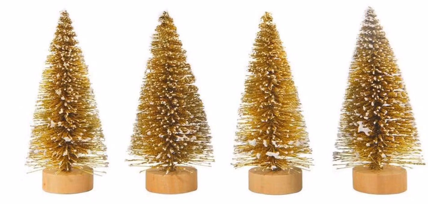 Set di 4 mini alberi di Natale artificiali, color oro, dimensioni 4,5 cm x 10,5 cm