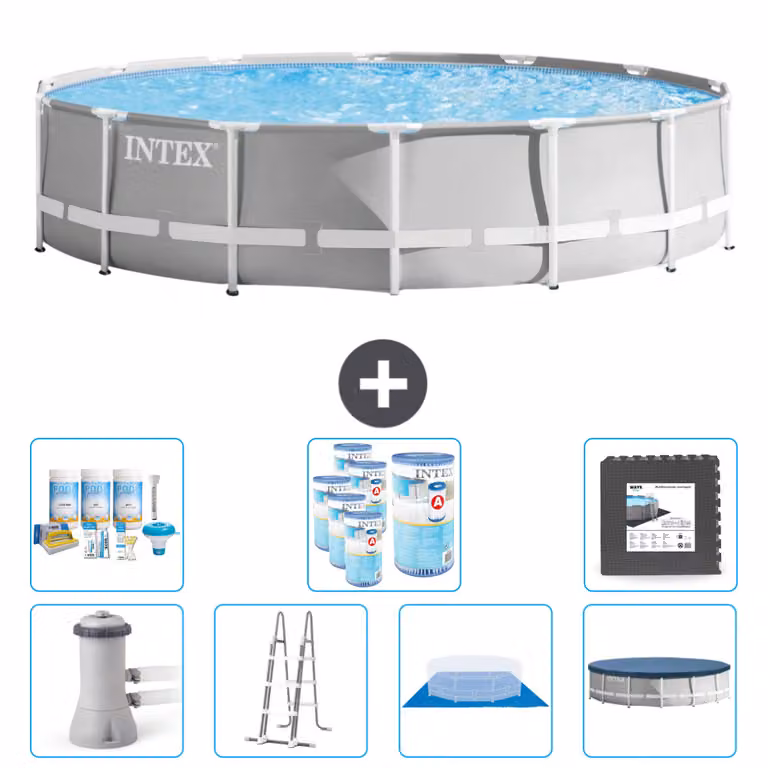 Piscina Intex Round Prism Frame - 427 x 107 cm - Grigio - inclusa pompa - scaletta - telo di fondo - pacchetto di manutenzione della copertura - filtro - piastrelle per il pavimento