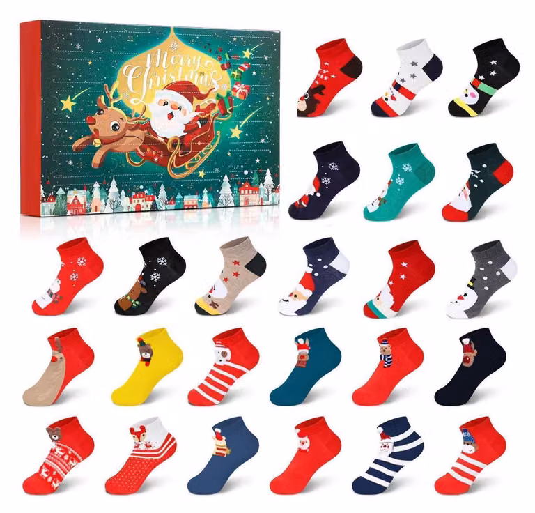 Calendario dell'Avvento a forma di calzini, 24 paia, cotone, motivo natalizio, set regalo