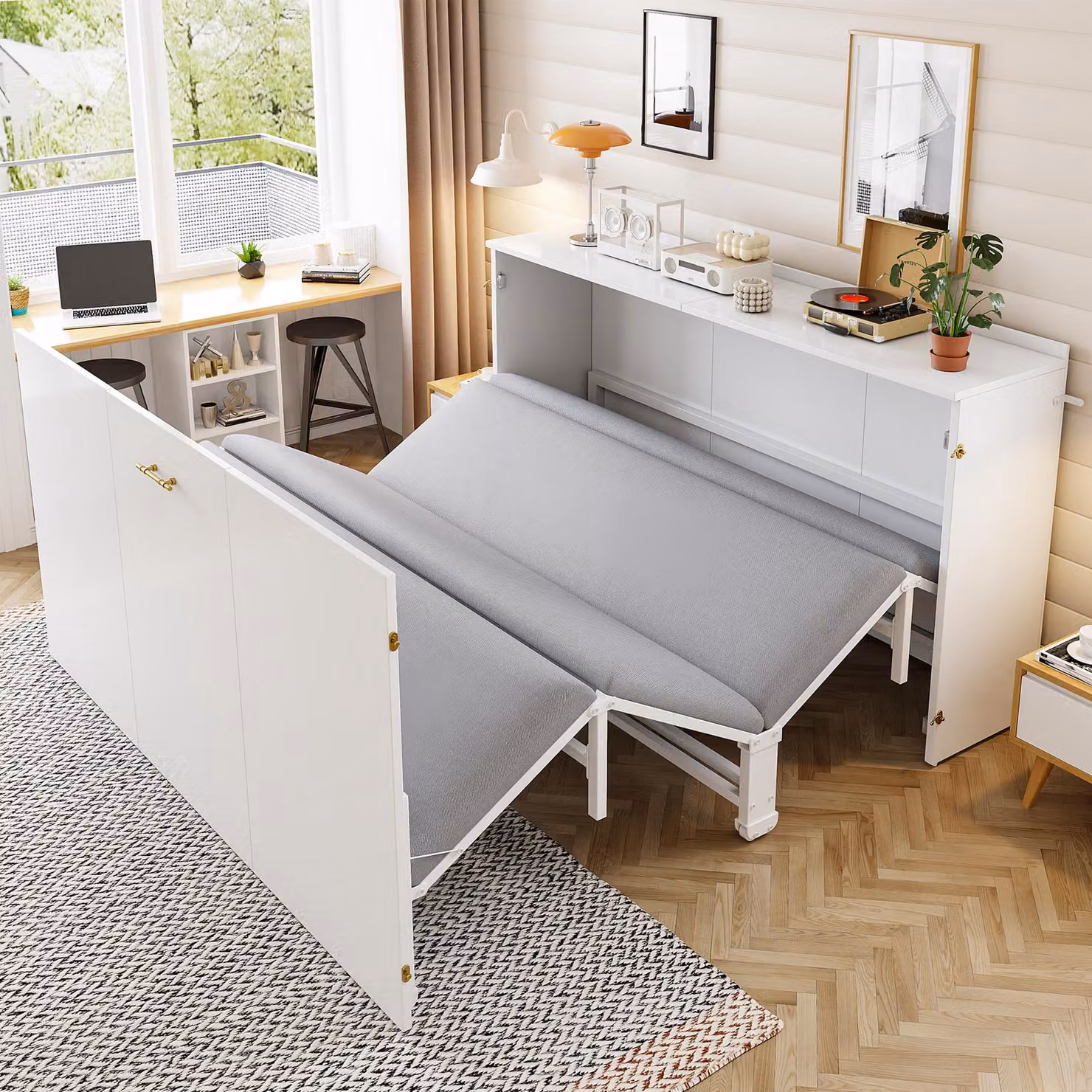 Letto ribaltabile Merax 140x200 cm con materasso in lino, letto a scomparsa salvaspazio per gli ospiti, letto estraibile con struttura in metallo e rotelle, bianco