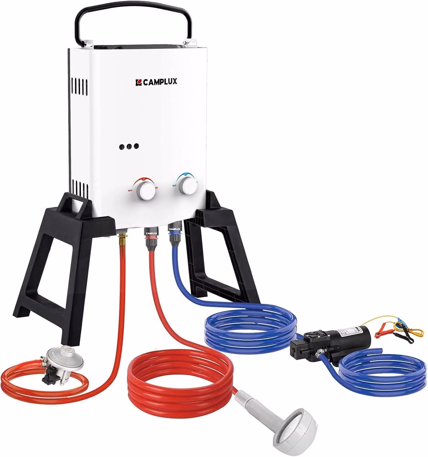 Caldaia a gas con pompa dell'acqua e supporto – 5 L/min – portatile, ideale per campeggio e doccia esterna