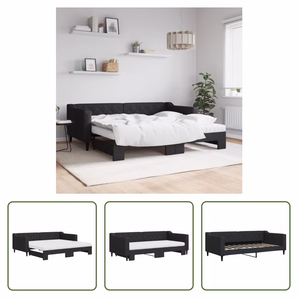 The Living Store Letto da giorno allungabile con materassi nero 90x190 cm in tessuto