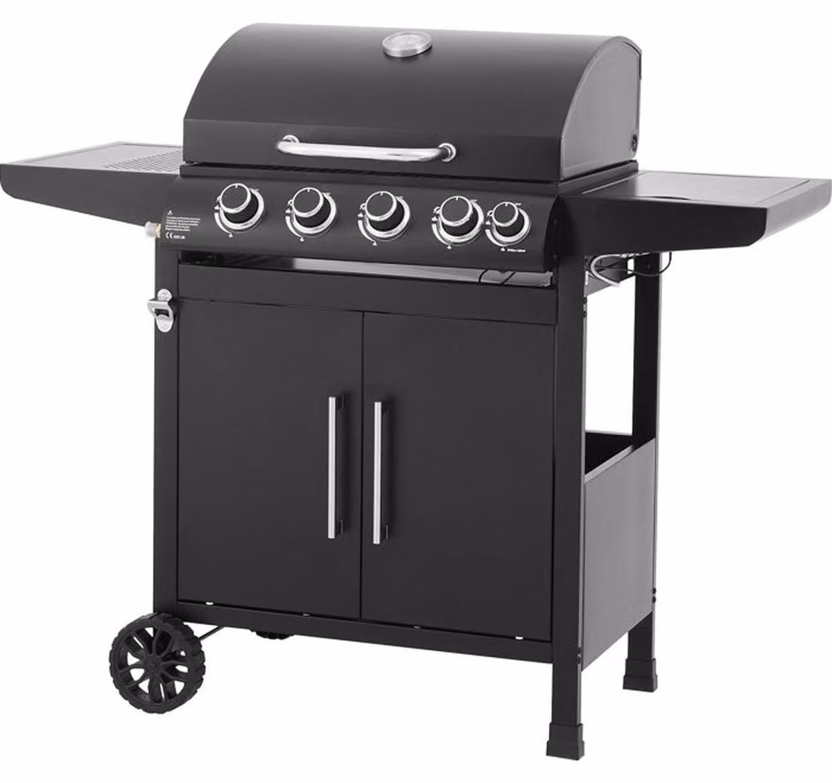 COOKINGBOX PAARL: Griglia a gas con 4 bruciatori principali e un bruciatore laterale, superficie di cottura di 60 x 42 cm, griglia riscaldante, termometro sul coperchio, griglie in acciaio, carrello per griglia mobile