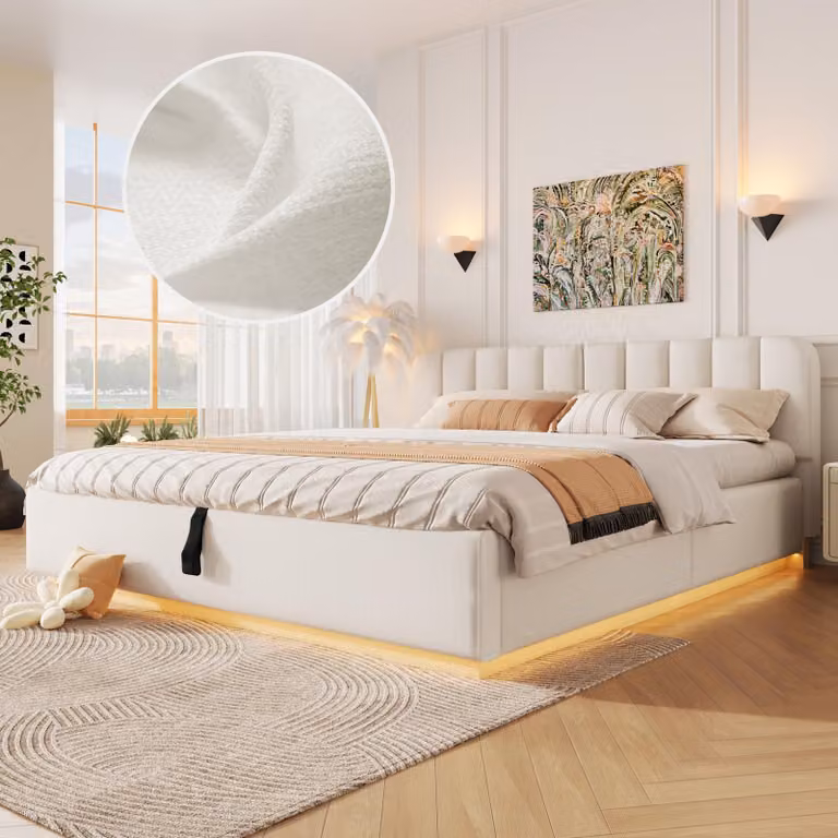 Letto matrimoniale idraulico imbottito 180x200 cm, rivestito in ecopelle, con contenitore a sollevamento idraulico, adatto anche come letto per ragazzi, con rete a doghe, in tessuto tipo ciniglia, color beige