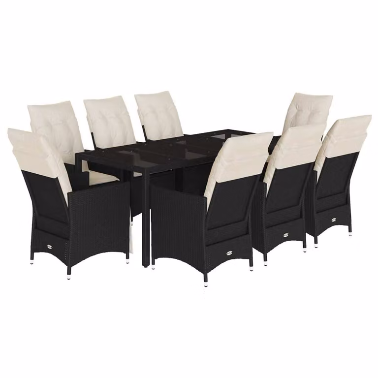 Set da Pranzo da Giardino 9 pz con Cuscini Nero in Polyrattan