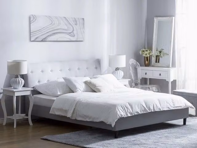 Letto Beliani con doghe in legno e testiera imbottita in tessuto grigio, design moderno, L/P/H: 228 x 180 x 100 cm