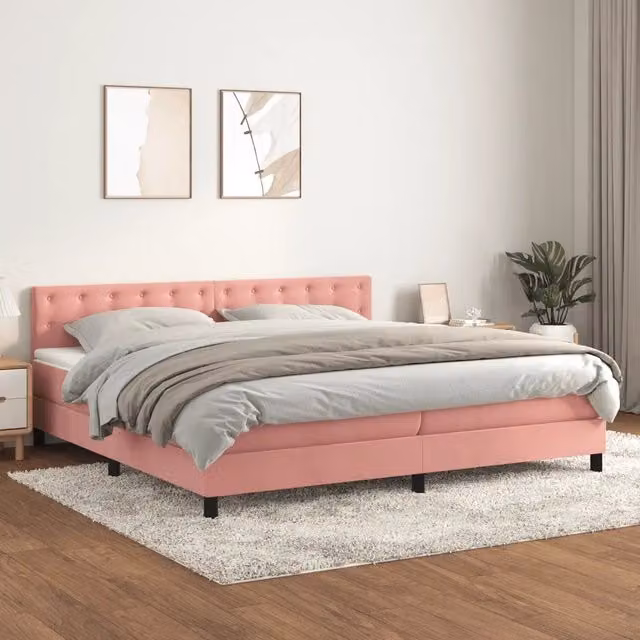 Letto matrimoniale con giroletto a molle e materasso ibrido vidaXL in velluto rosa e bianco L/P: 200 x 200 cm