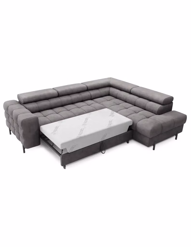 Divano angolare convertibile FERRUM MEUBLORAMA Grigio, 5 posti con angolo destro, poggiatesta regolabili e struttura in metallo, L/P/H: 276 x 93 x 200 cm – 2