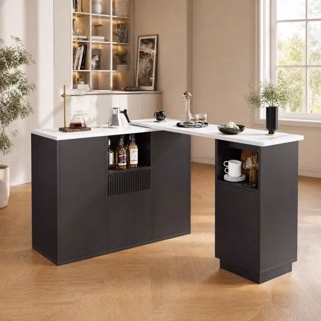 Mobile bar girevole MIVRAY in MDF nero con vani aperti e chiusi L: 210 cm, P: 30 cm, H: 100.9 cm