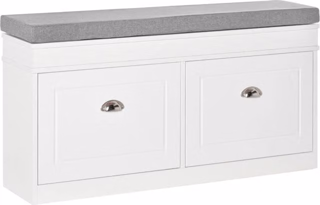 EasyComfort Panca Scarpiera Salvaspazio in Legno con Cuscino in Tessuto, 2 Cassetti con Mensola Regolabile, L/P/H: 120 x 24 x 55 cm, Bianco e Grigio – 1