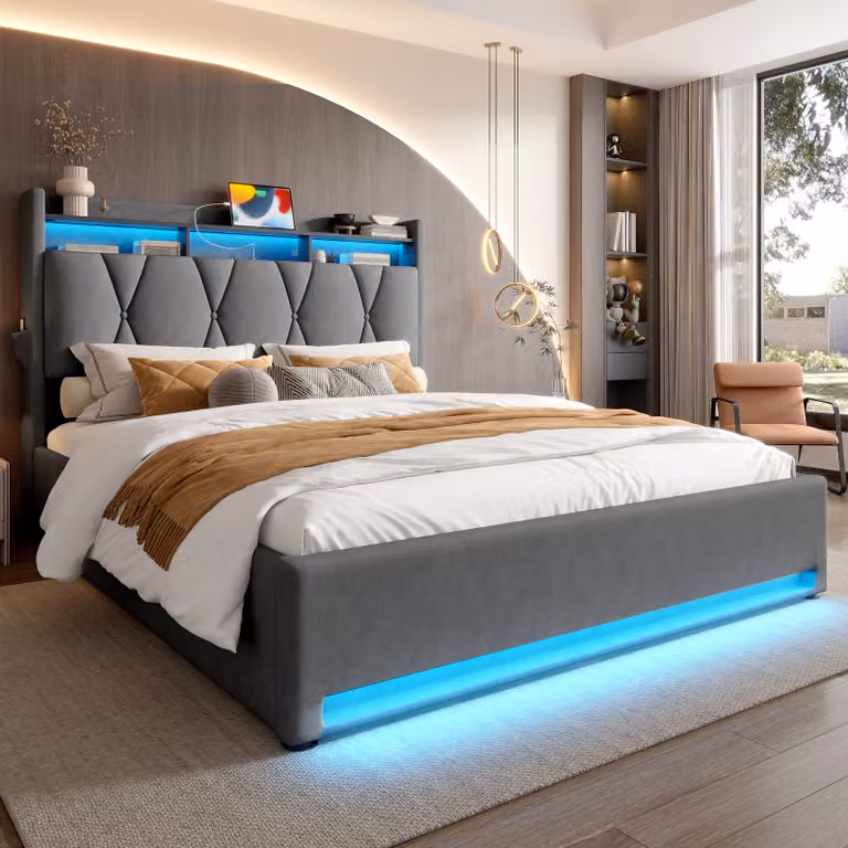 Letto imbottito LVHOM 160x200cm con LED&USB, letto matrimoniale con contenitore nascosto, letto contenitore con rete a doghe, letto per ragazzi con rete, tessuto velluto, grigio