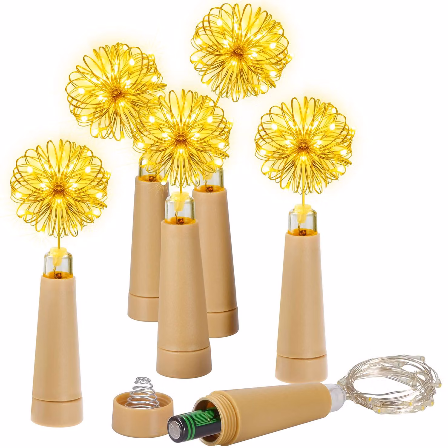 Set di 6 luci a LED per bottiglie di vino, con tappi, 20 LED, luce bianco caldo