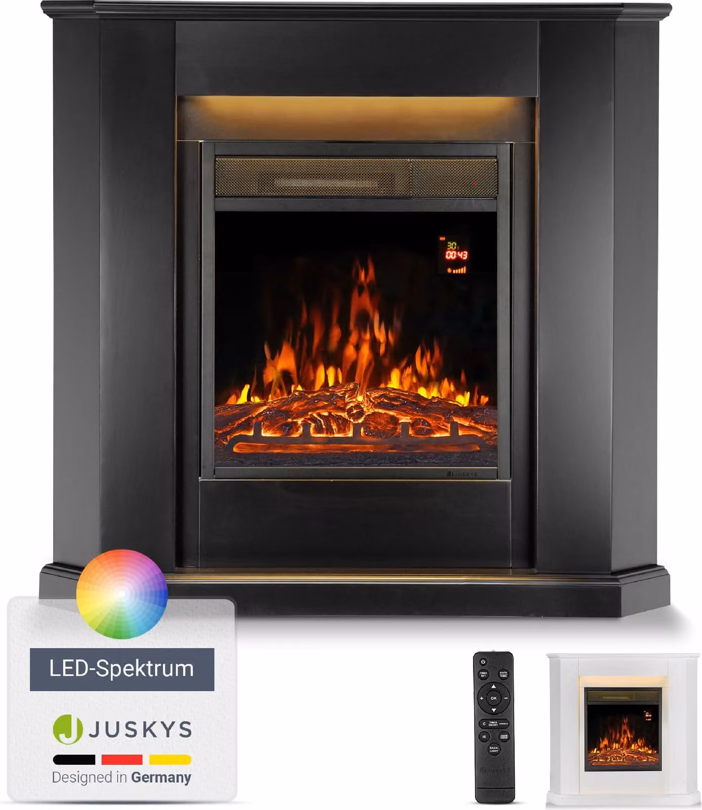 Caminetto elettrico Juskys 1000 / 2000 W - Caminetto ad angolo con riscaldamento, LED e timer - Nero