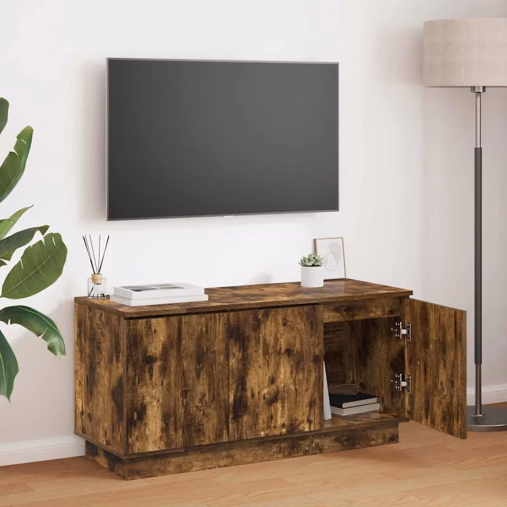 Mobile TV vidaXL in legno ingegnerizzato rovere fumé con illuminazione integrata e scomparti multimediali L/P/H: 100 x 38 x 49 cm