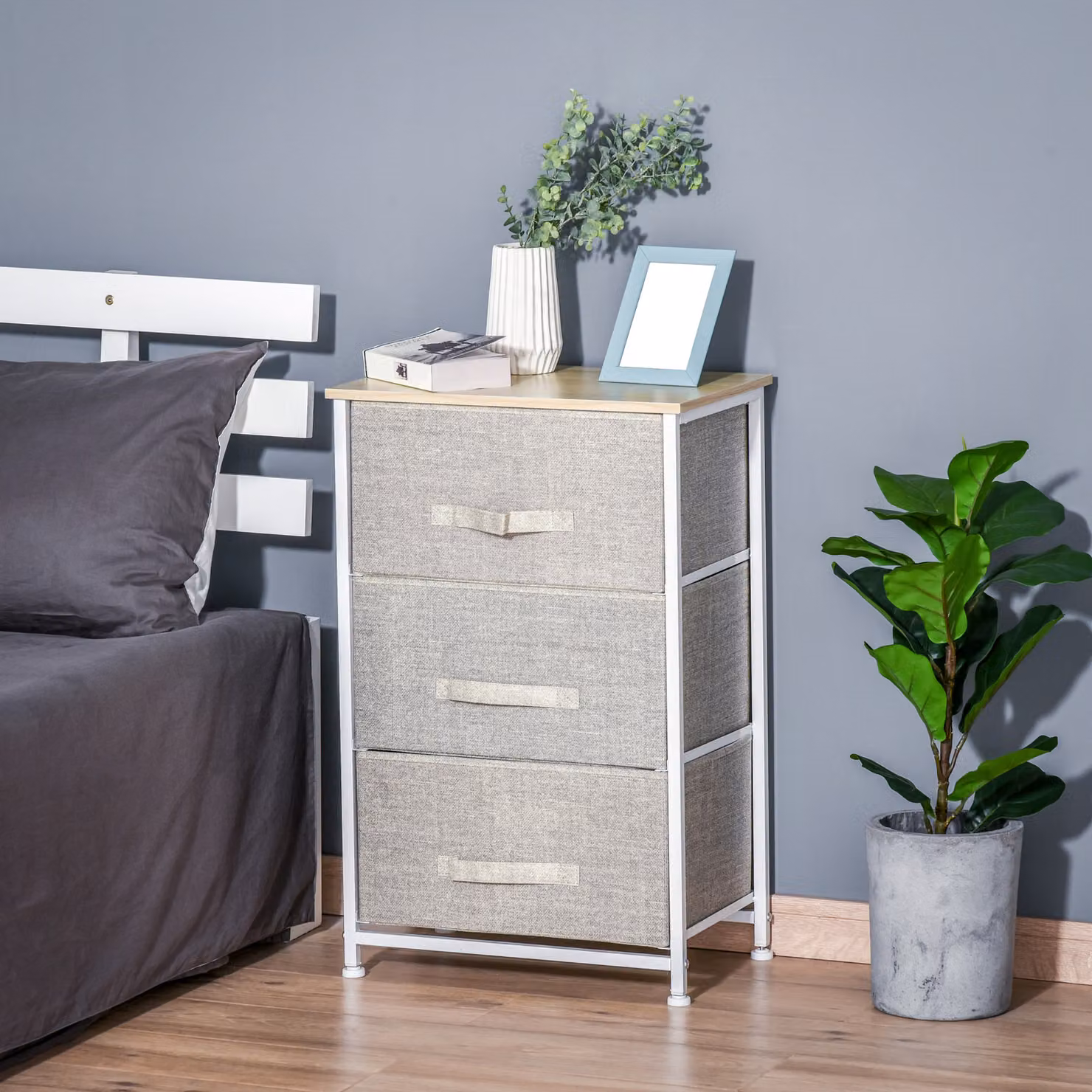Comò moderno Aosom con 3 cassetti in tessuto, telaio in acciaio e truciolato, grigio, L: 45 cm, P: 30 cm, H: 71 cm – 2