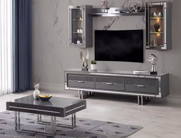 Wohnwand TV Ständer Schranke Couchtisch RTV Lowboard Grau Set 3tlg