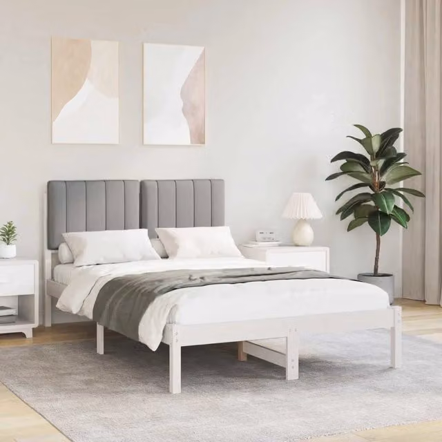Letto con testiera rivestita vidaXL in legno e tessuto bianco e grigio L/P/H: 200 x 120 x 84,5 cm