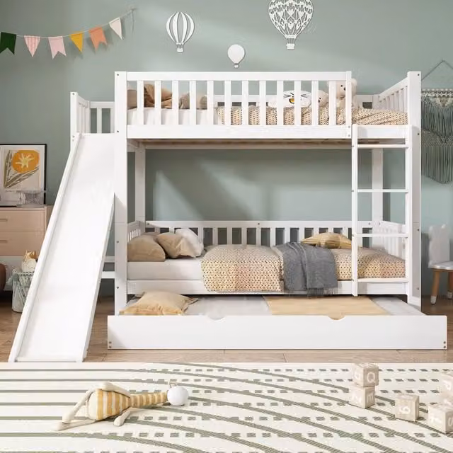 Letto a castello Mivray per bambini con letto estraibile, scivolo, scala a 4 gradini e ripiani laterali, colore bianco, H 250 x L 90 x P 170,5 cm