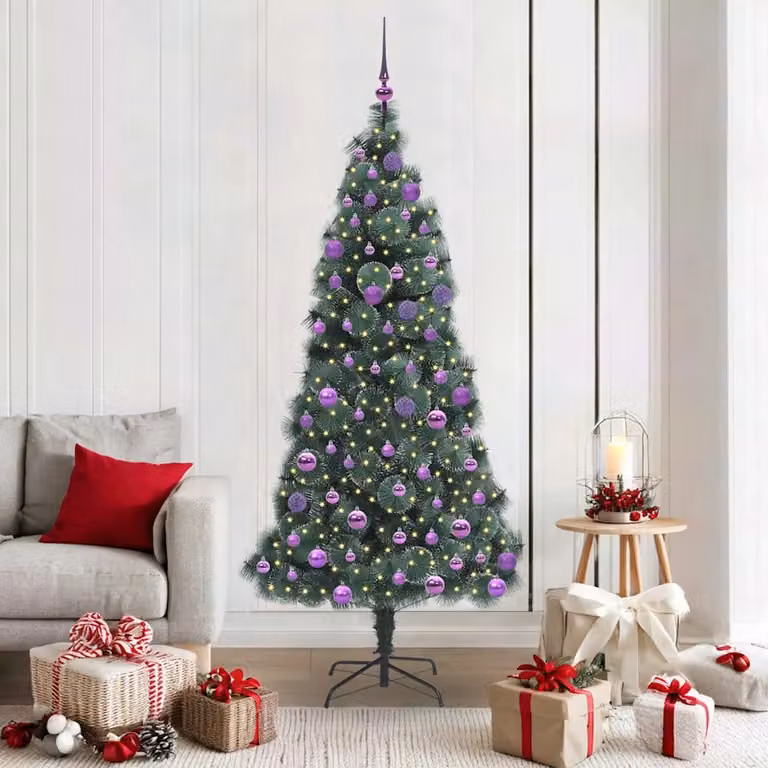 Albero di Natale artificiale preilluminato con LED vidaXL, verde con decorazioni multicolore, Altezza: 180 cm