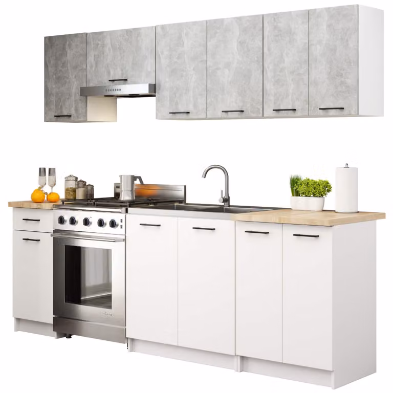 Set da cucina: una cassetta, undici ante, dodici ripiani, colore: bianco cemento